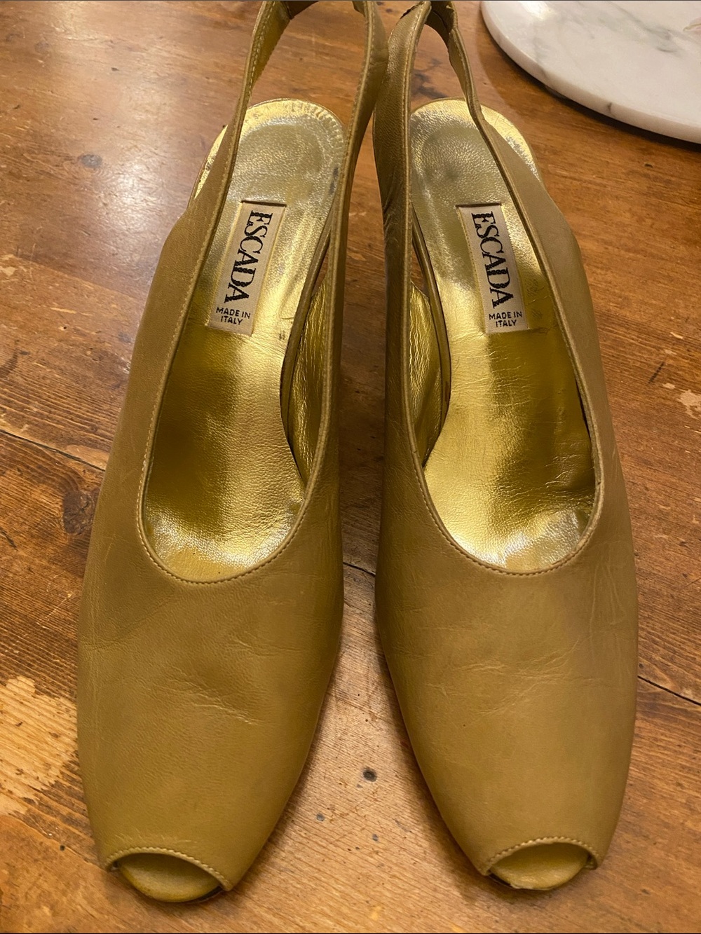 Escada Olive Leather Peep-Toe Slingback Heels with Gold Insole